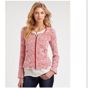 Y2K Joie Collis Red White Tweed Blazer Zipper Zip-up Small Raw Hem Fitted